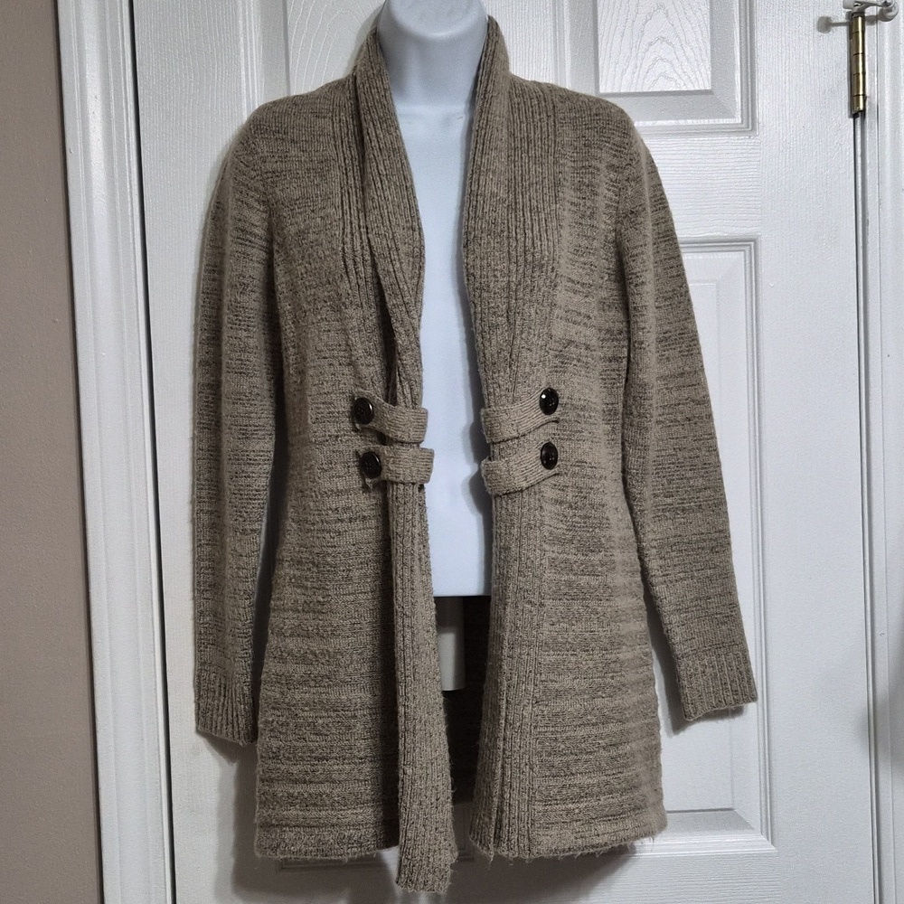 AB Studio Womens XS Cardigan Sweater Knit Button Front Tan/Grey
